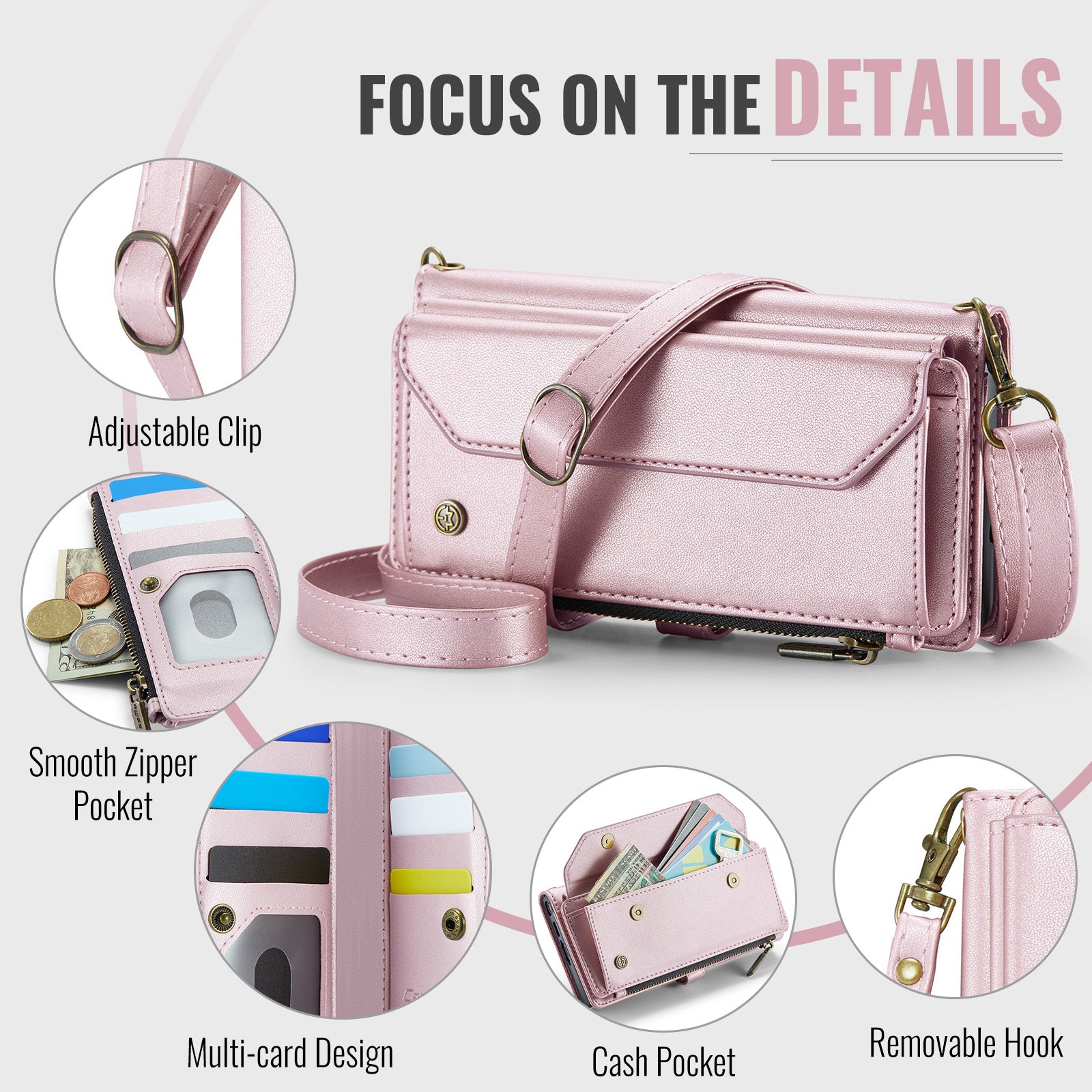 Galaxy Z Fold 8 Ultra CaseMe Crossbody Wallet Case with Strap, Card Slots & Zipper Pocket [Pink]