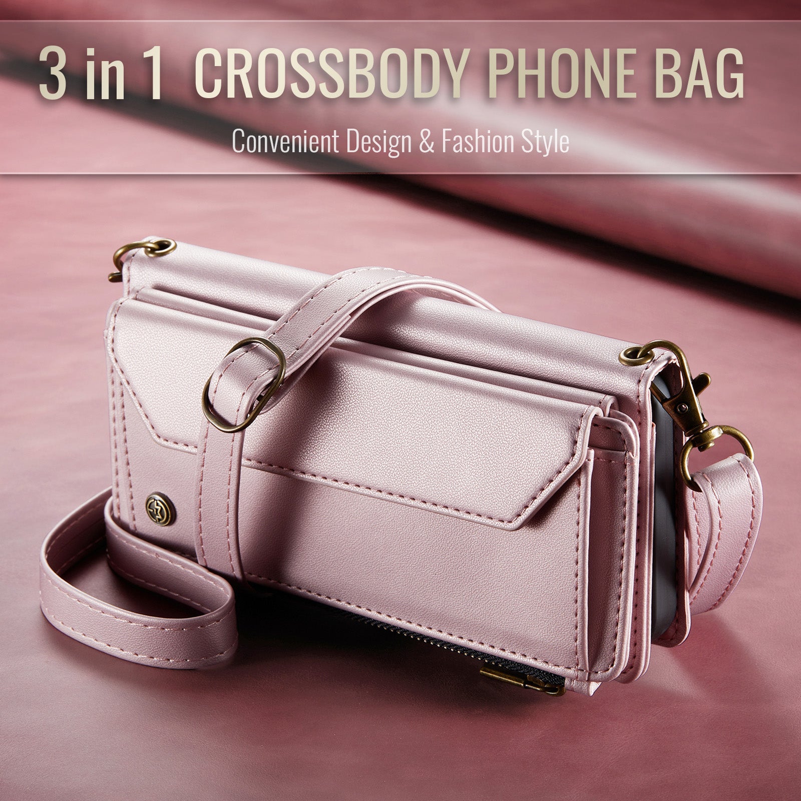 Galaxy Z Fold 8 Ultra CaseMe Crossbody Wallet Case with Strap, Card Slots & Zipper Pocket [Pink]