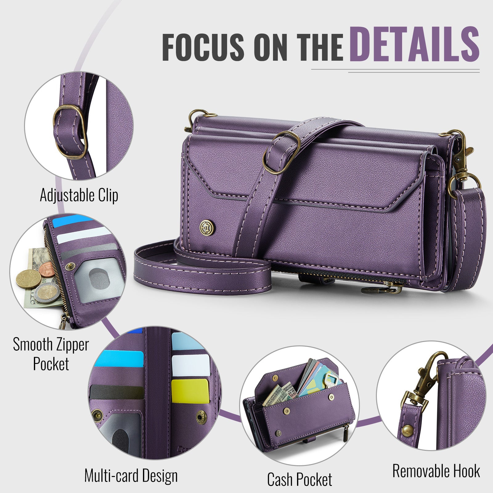Galaxy Z Fold 8 Ultra CaseMe Crossbody Wallet Case with Strap, Card Slots & Zipper Pocket [Purple]