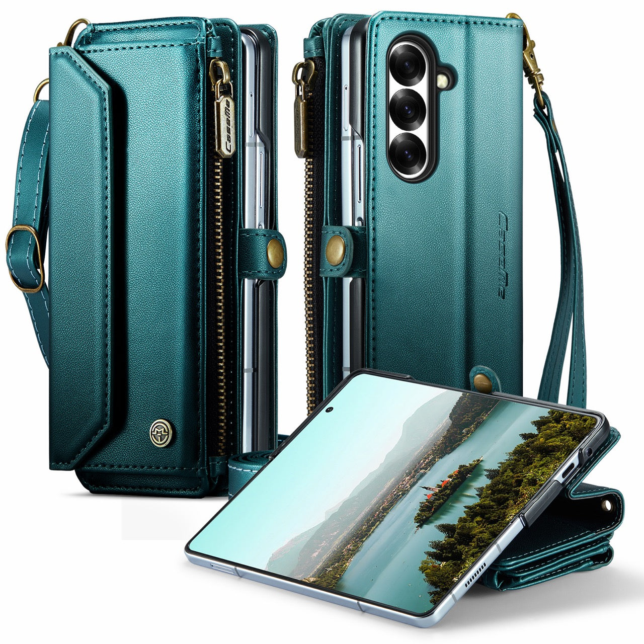 Galaxy Z Fold 8 Ultra CaseMe Crossbody Wallet Case with Strap, Card Slots & Zipper Pocket [Teal]