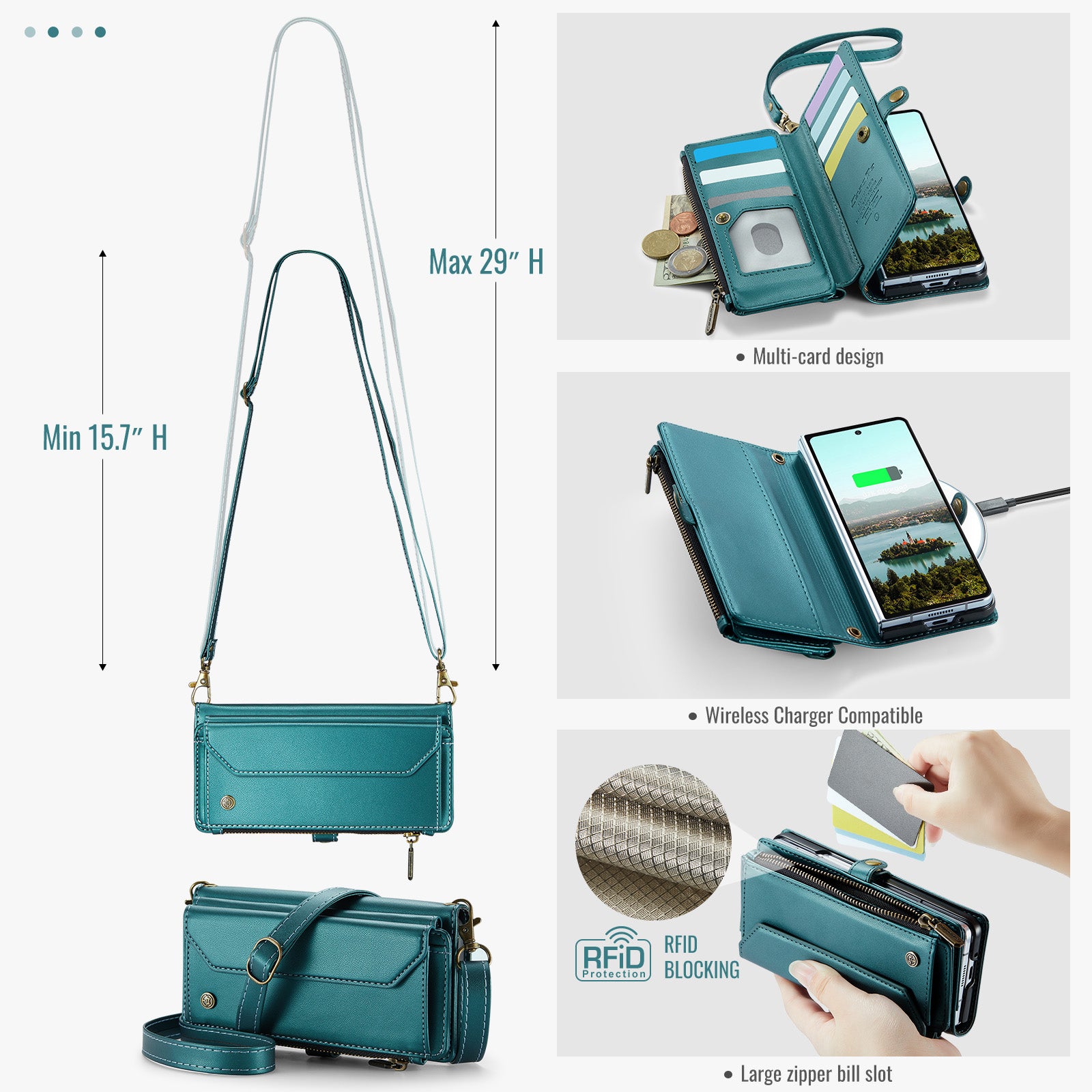 Galaxy Z Fold 8 Ultra CaseMe Crossbody Wallet Case with Strap, Card Slots & Zipper Pocket [Teal]