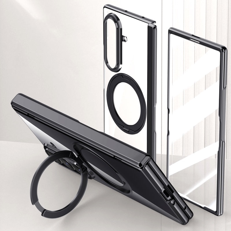 Samsung Galaxy Z Fold 8 Ultra Clear Magnetic Case - 360° Rotating Ring Stand & Hinge Shield [Black]