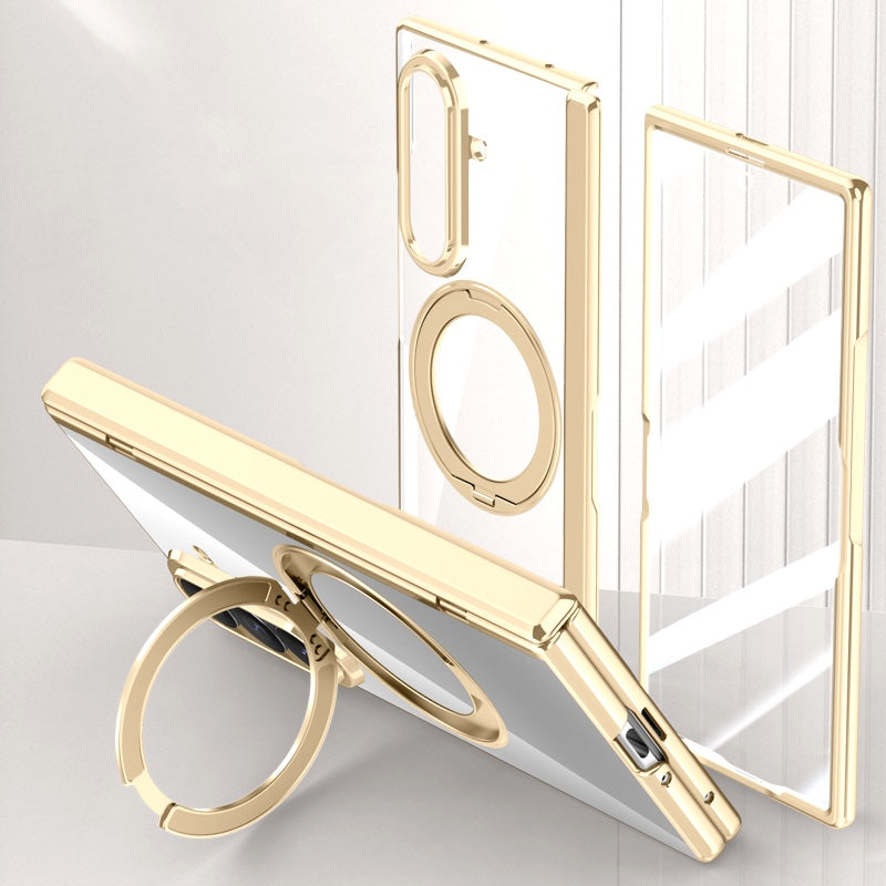 Samsung Galaxy Z Fold 8 Ultra Clear Magnetic Case - 360° Rotating Ring Stand & Hinge Shield [Gold]