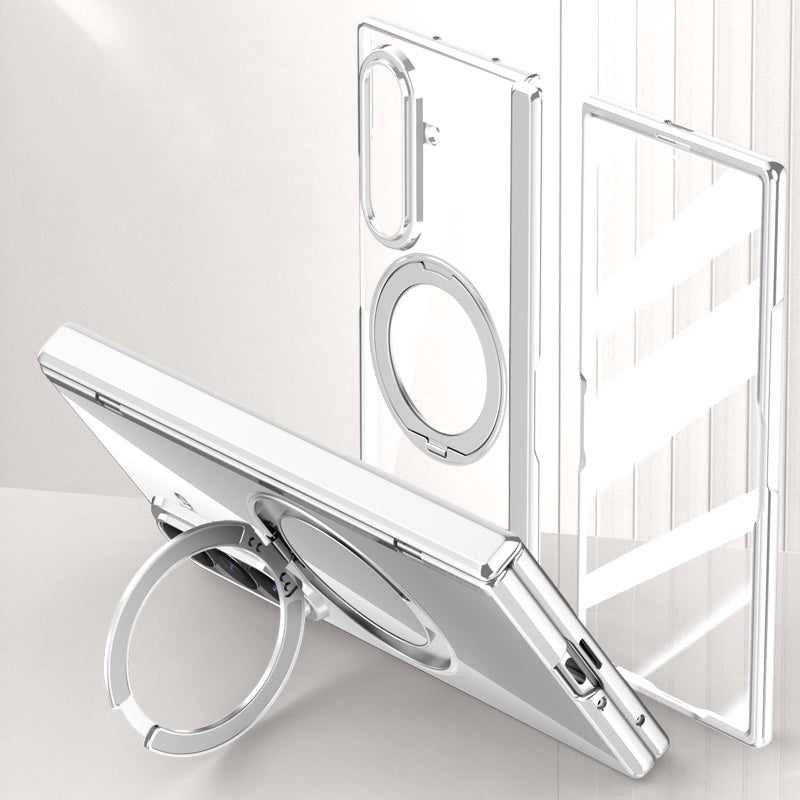 Samsung Galaxy Z Fold 8 Ultra Clear Magnetic Case - 360° Rotating Ring Stand & Hinge Shield [Silver]