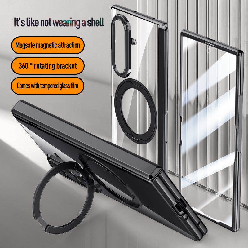 Samsung Galaxy Z Fold 8 Ultra Clear Magnetic Case - 360° Rotating Ring Stand & Hinge Shield [Black]