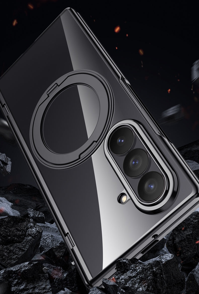 Samsung Galaxy Z Fold 8 Ultra Clear Magnetic Case - 360° Rotating Ring Stand & Hinge Shield [Black]