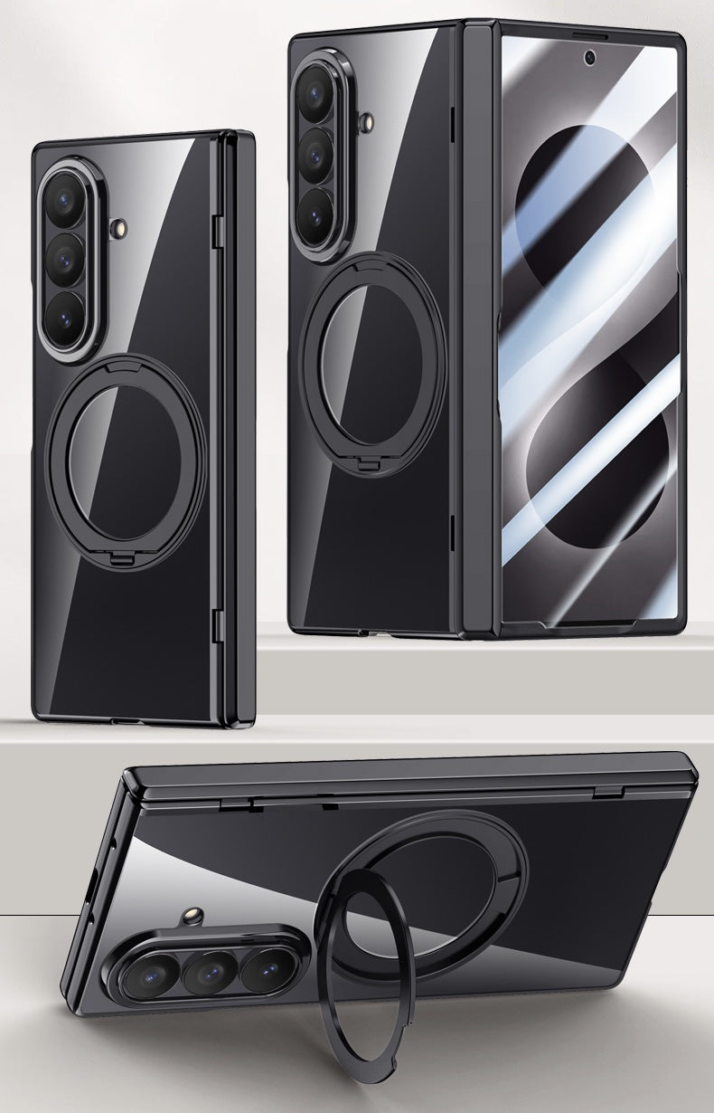 Samsung Galaxy Z Fold 8 Ultra Clear Magnetic Case - 360° Rotating Ring Stand & Hinge Shield [Black]