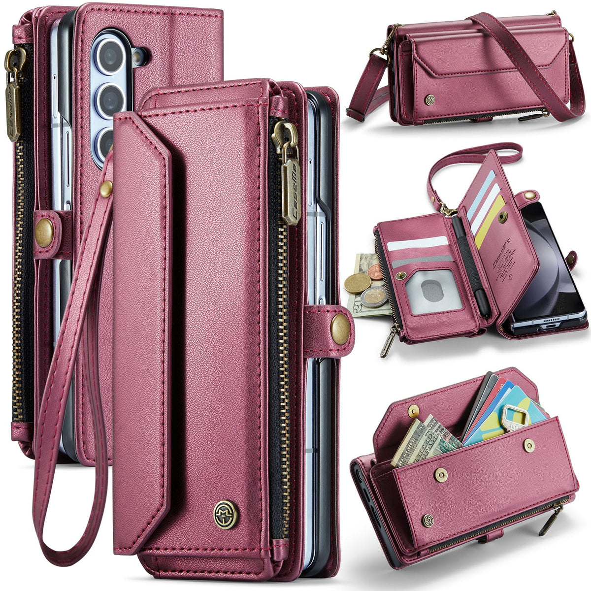 Galaxy Z Fold 5 CaseMe Crossbody Wallet Case with Strap, Card Slots & Zipper Pocket [Maroon]