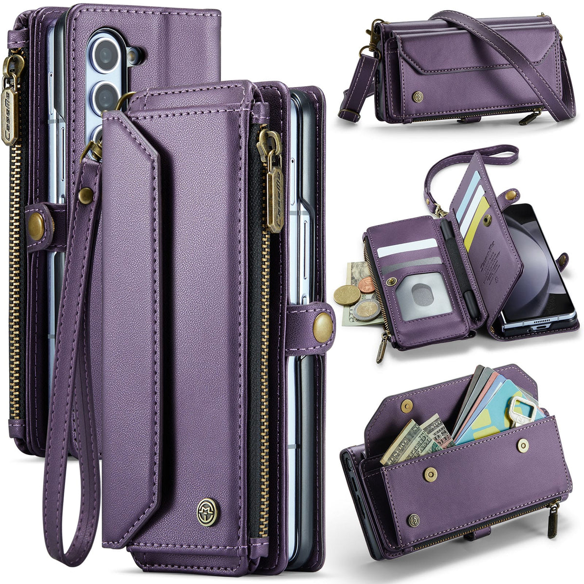 Galaxy Z Fold 5 CaseMe Crossbody Wallet Case with Strap, Card Slots & Zipper Pocket [Purple]