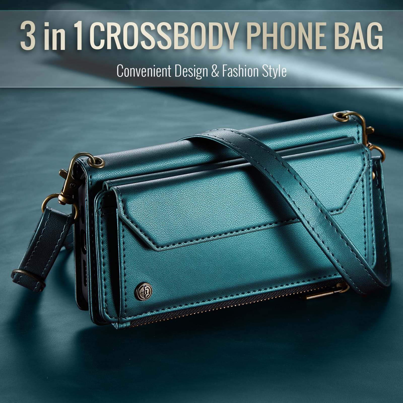 Galaxy Z Fold 5 CaseMe Crossbody Wallet Case with Strap, Card Slots & Zipper Pocket [Teal]