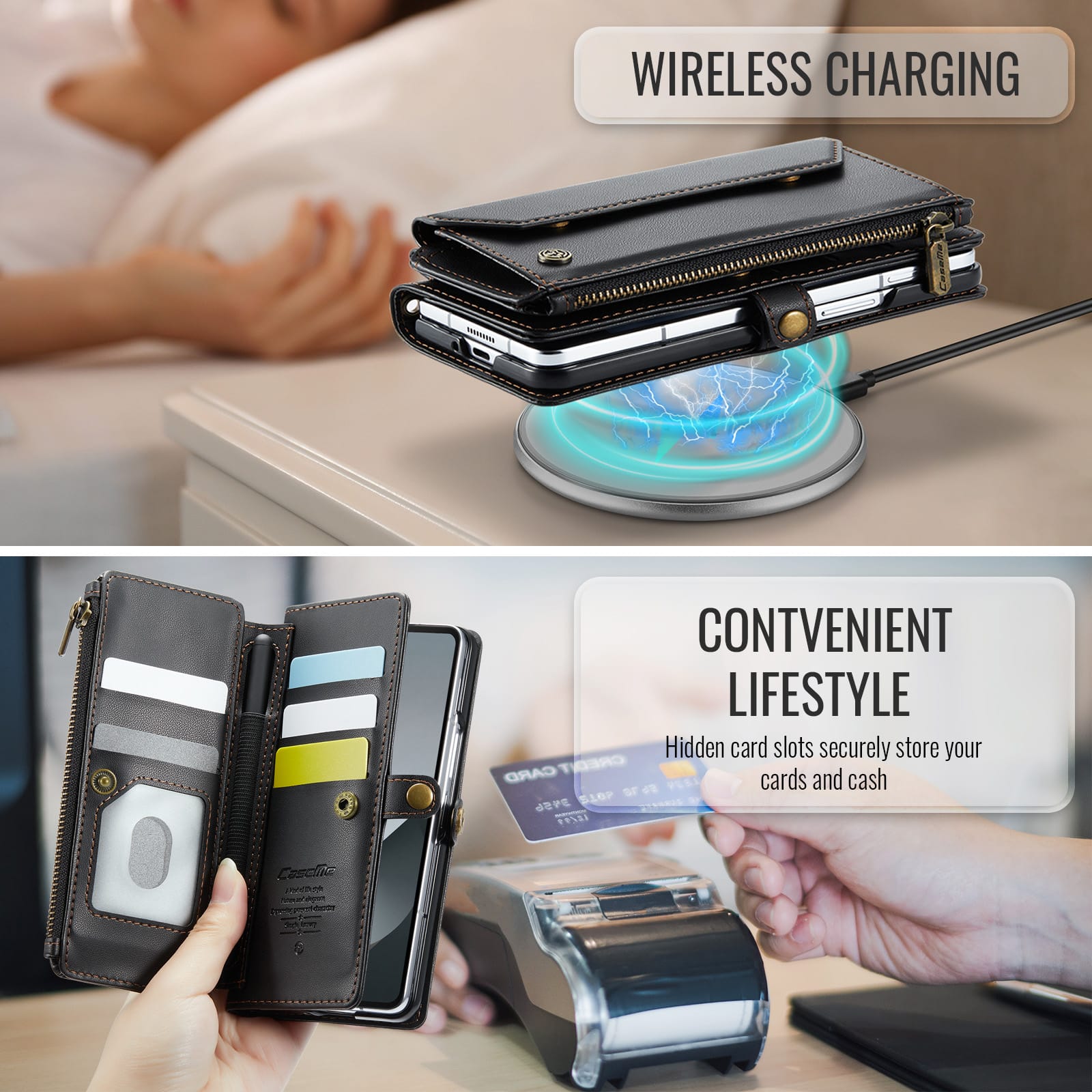 Galaxy Z Fold 6 CaseMe Crossbody Wallet Case with Strap, Card Slots & Zipper Pocket [Black]