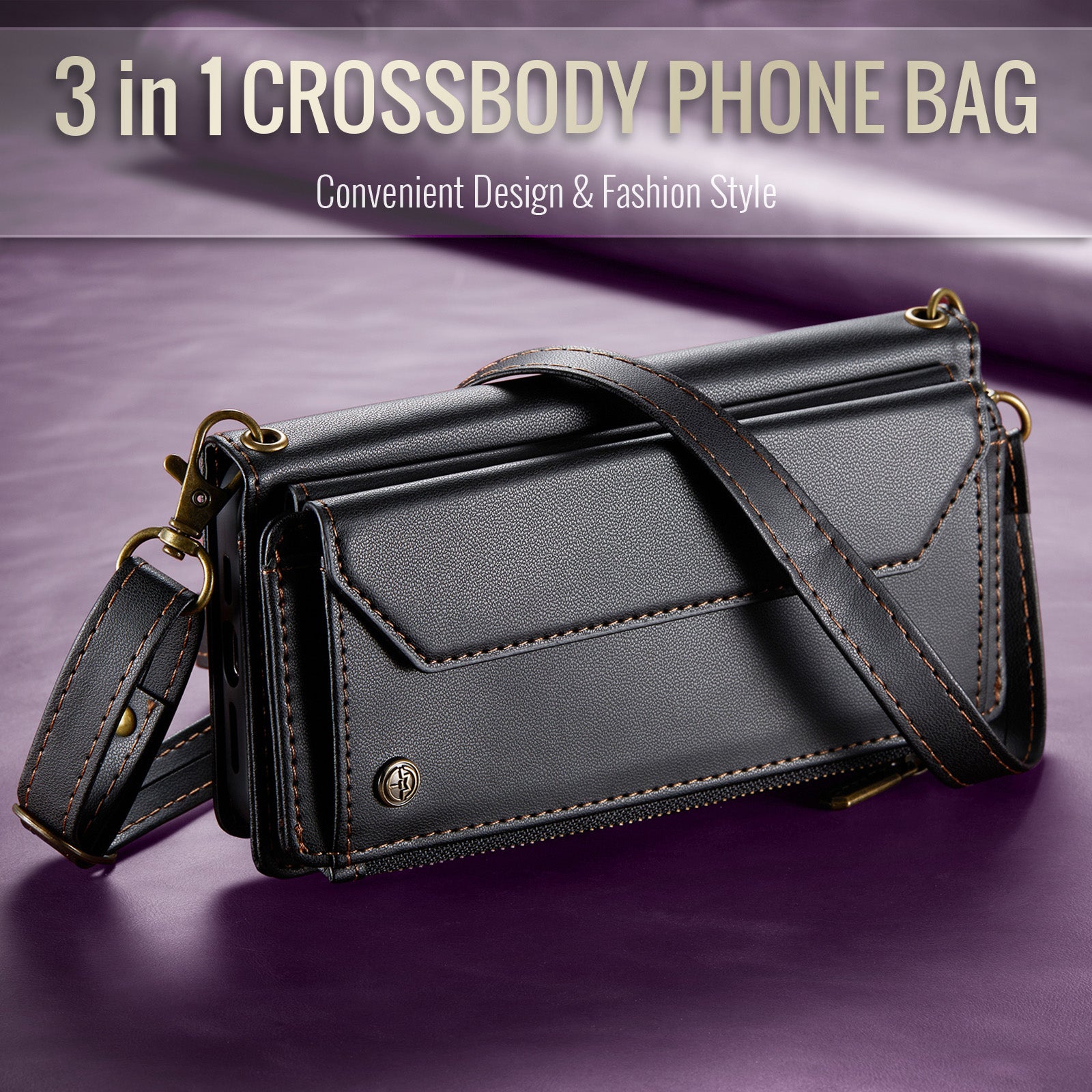 Galaxy Z Fold 6 CaseMe Crossbody Wallet Case with Strap, Card Slots & Zipper Pocket [Black]