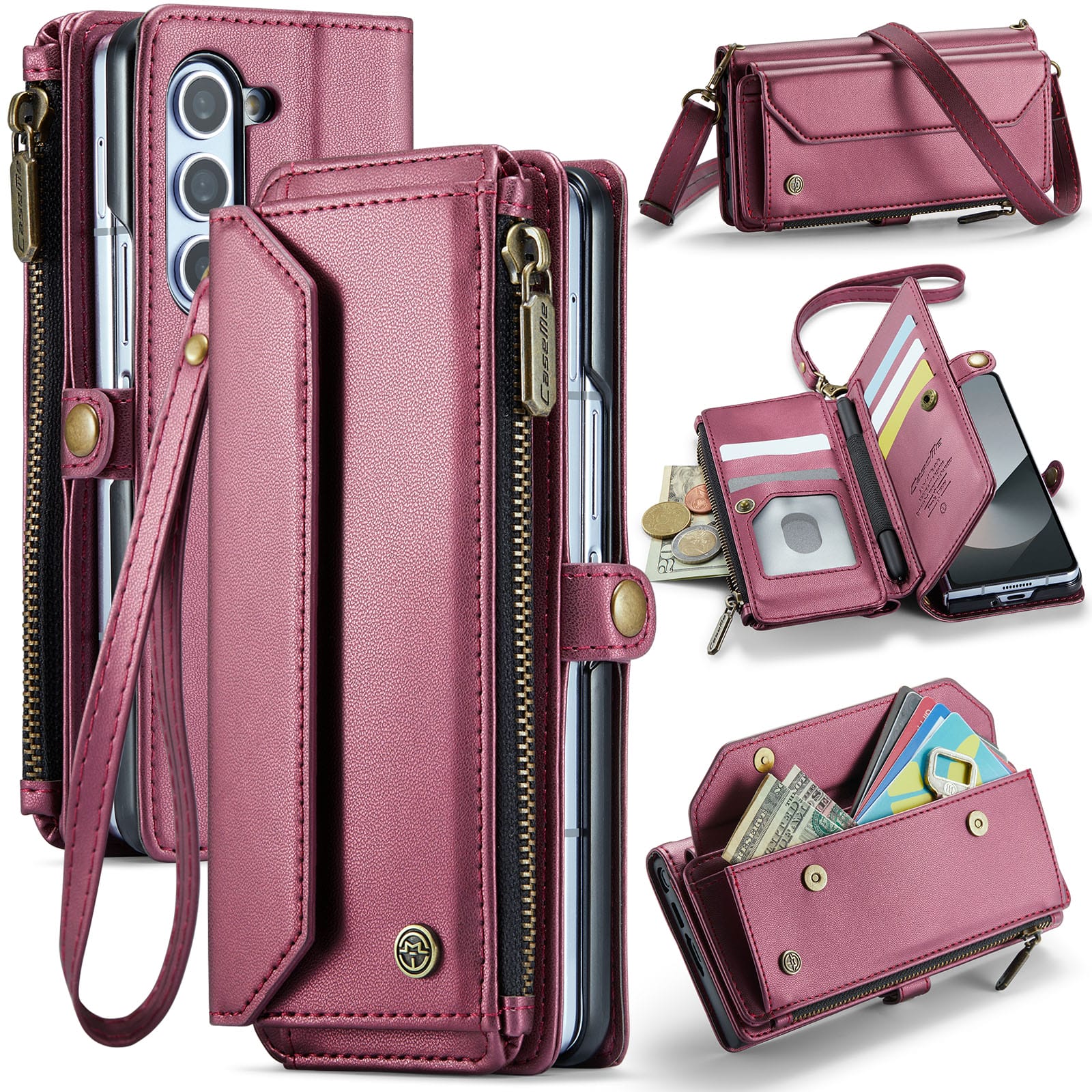 Galaxy Z Fold 6 CaseMe Crossbody Wallet Case with Strap, Card Slots & Zipper Pocket [Maroon]