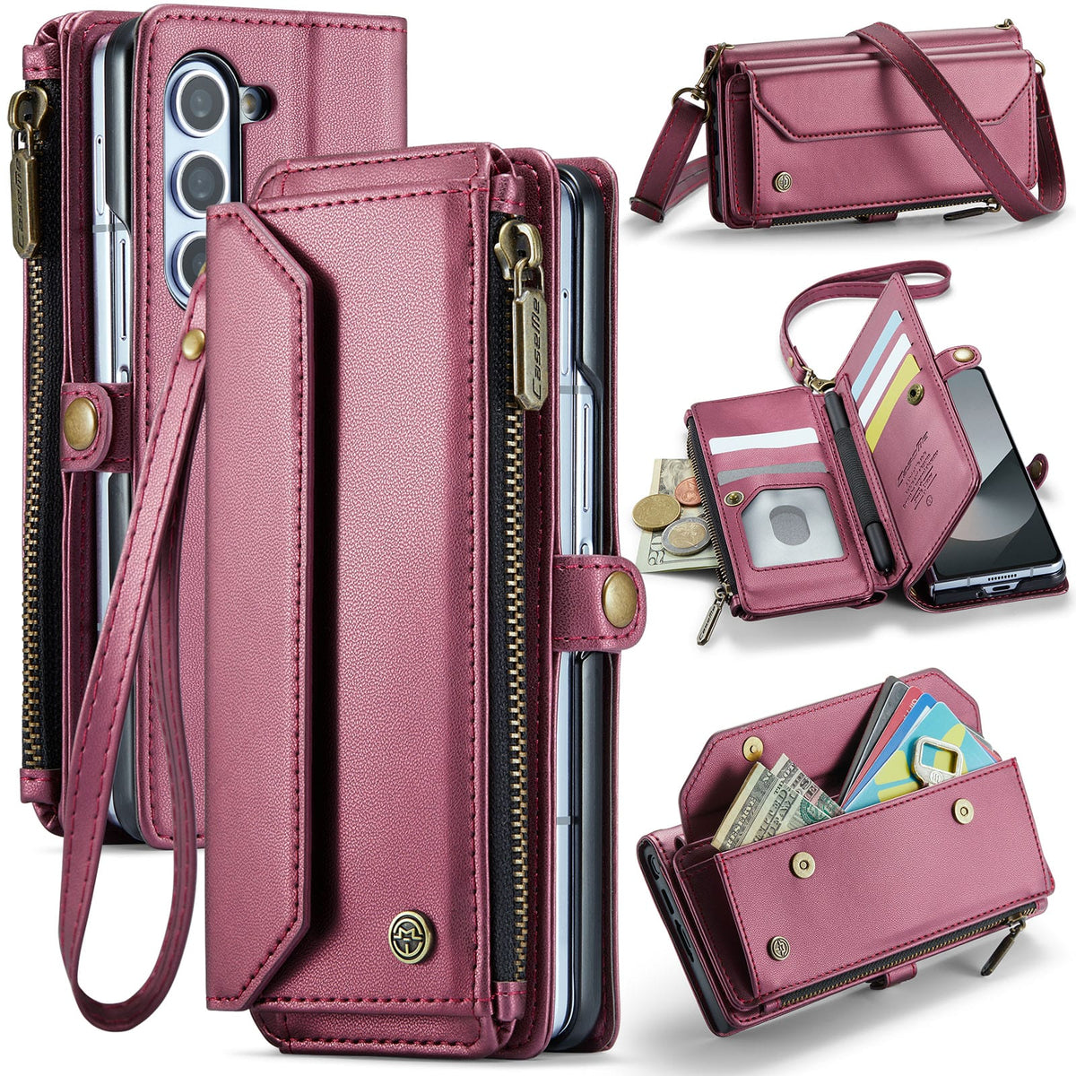 Galaxy Z Fold 6 CaseMe Crossbody Wallet Case with Strap, Card Slots & Zipper Pocket [Maroon]