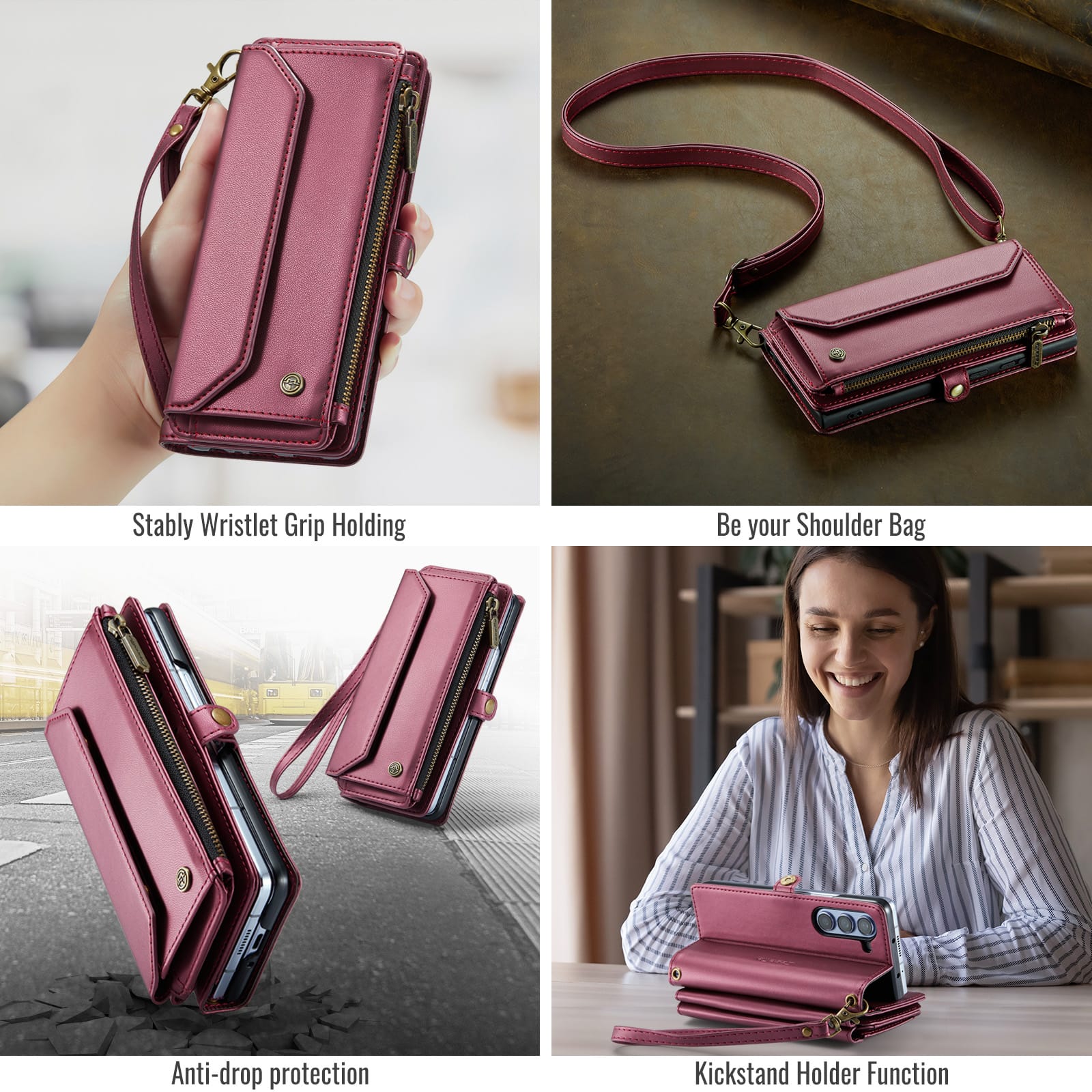 Galaxy Z Fold 6 CaseMe Crossbody Wallet Case with Strap, Card Slots & Zipper Pocket [Maroon]