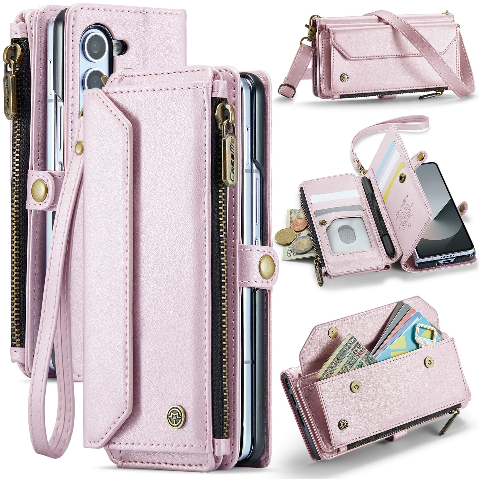 Galaxy Z Fold 6 CaseMe Crossbody Wallet Case with Strap, Card Slots & Zipper Pocket [Pink]
