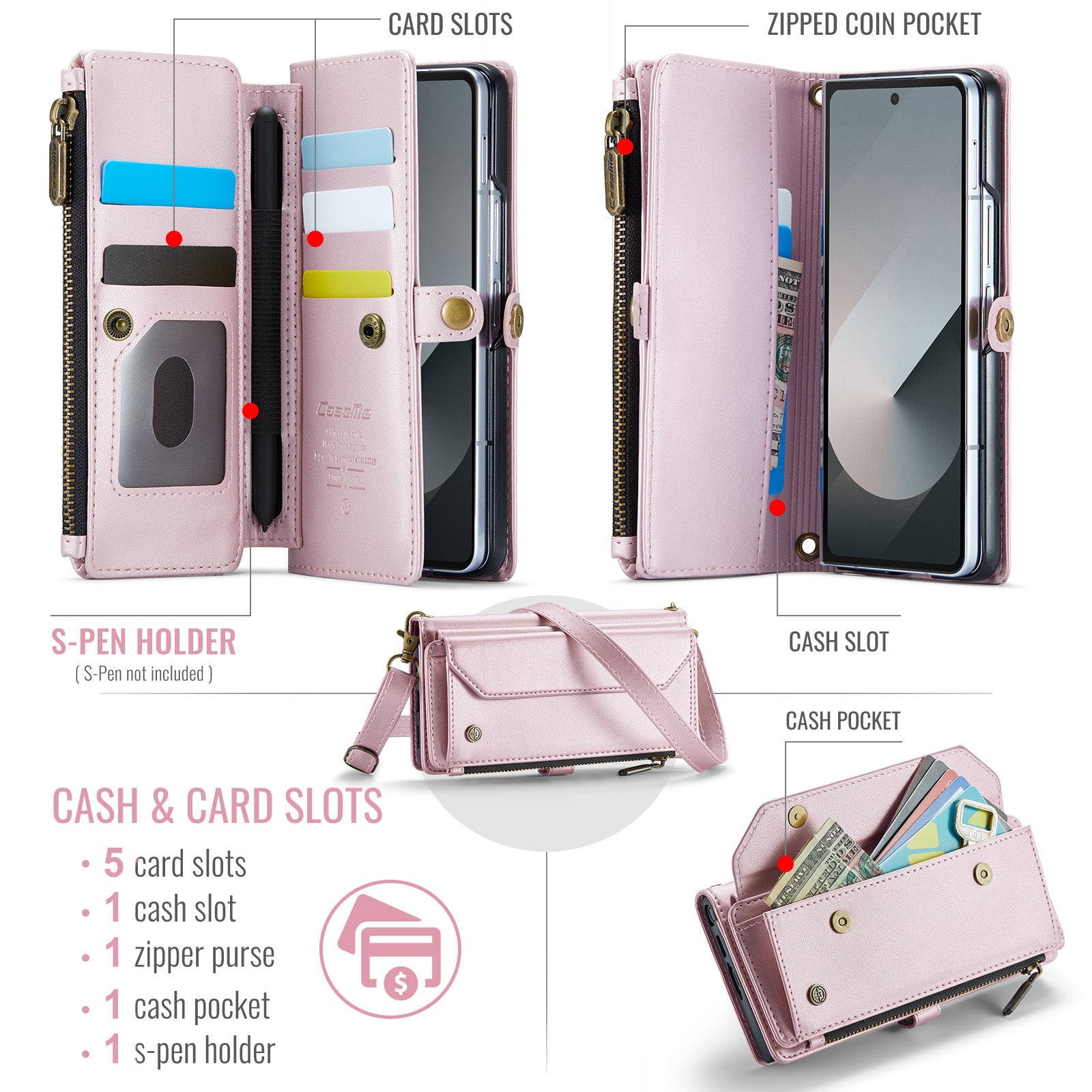 Galaxy Z Fold 6 CaseMe Crossbody Wallet Case with Strap, Card Slots & Zipper Pocket [Pink]