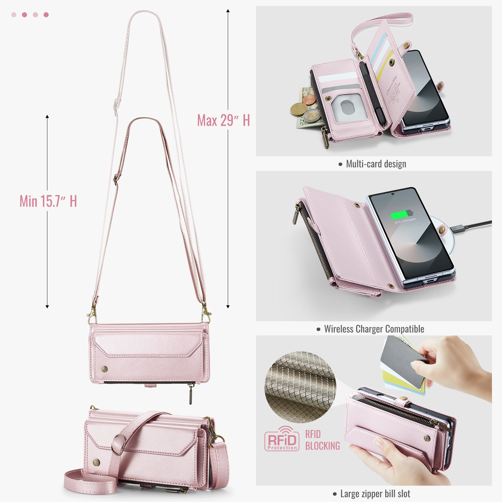 Galaxy Z Fold 6 CaseMe Crossbody Wallet Case with Strap, Card Slots & Zipper Pocket [Pink]