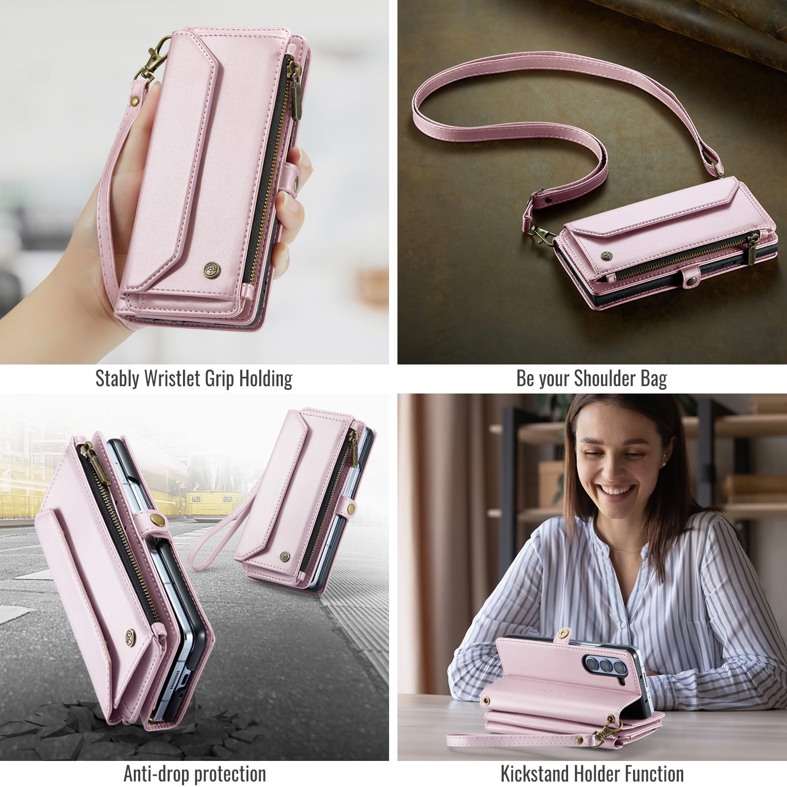 Galaxy Z Fold 6 CaseMe Crossbody Wallet Case with Strap, Card Slots & Zipper Pocket [Pink]