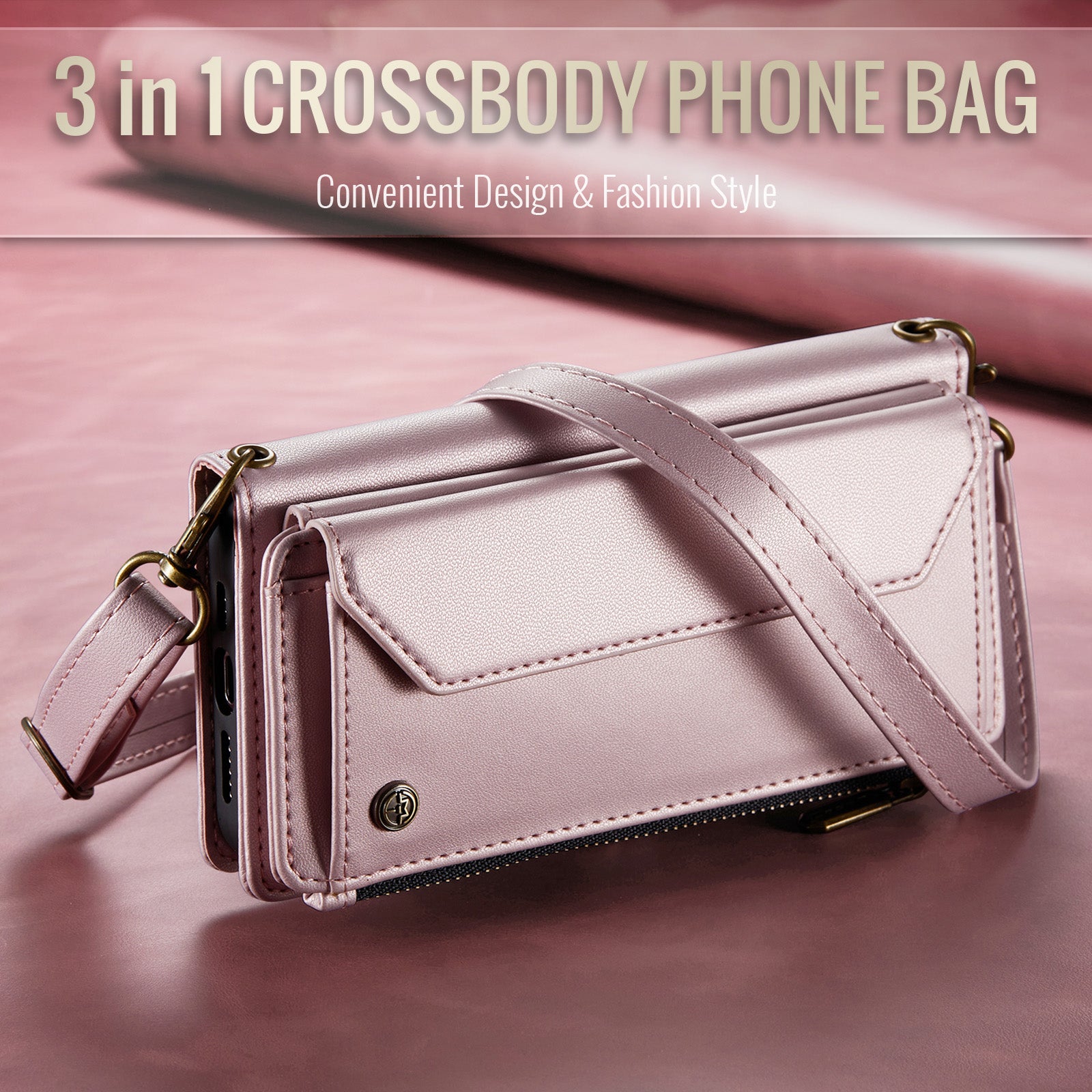 Galaxy Z Fold 6 CaseMe Crossbody Wallet Case with Strap, Card Slots & Zipper Pocket [Pink]