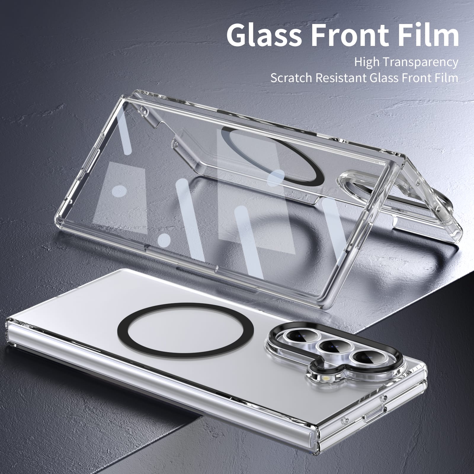 Crystal-clear Magnetic Ring Case for Samsung Galaxy Z Fold 7 with Tempered Glass [Black]