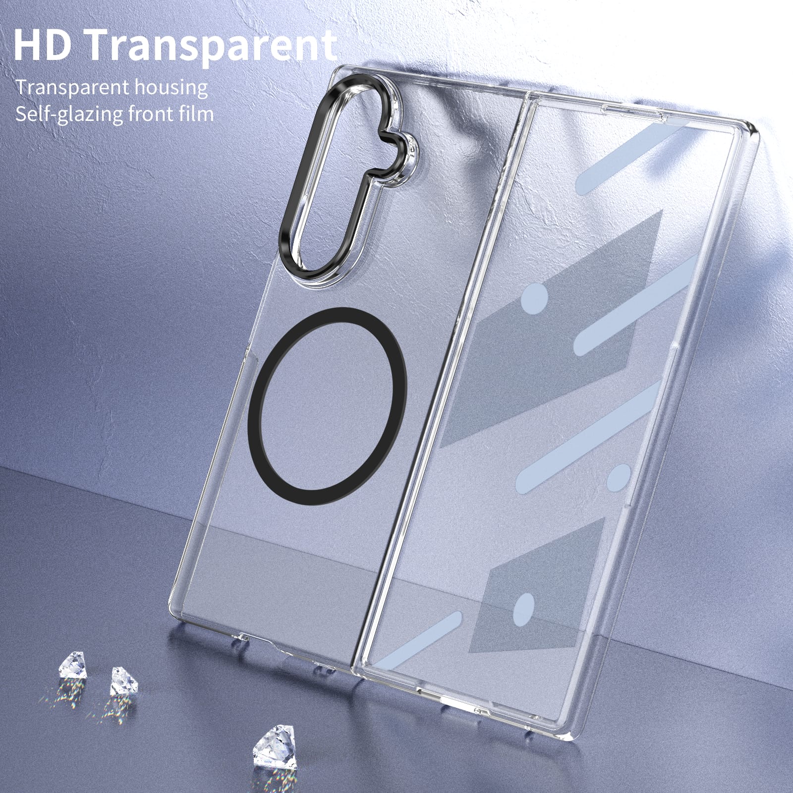 Crystal-clear Magnetic Ring Case for Samsung Galaxy Z Fold 7 with Tempered Glass [Black]