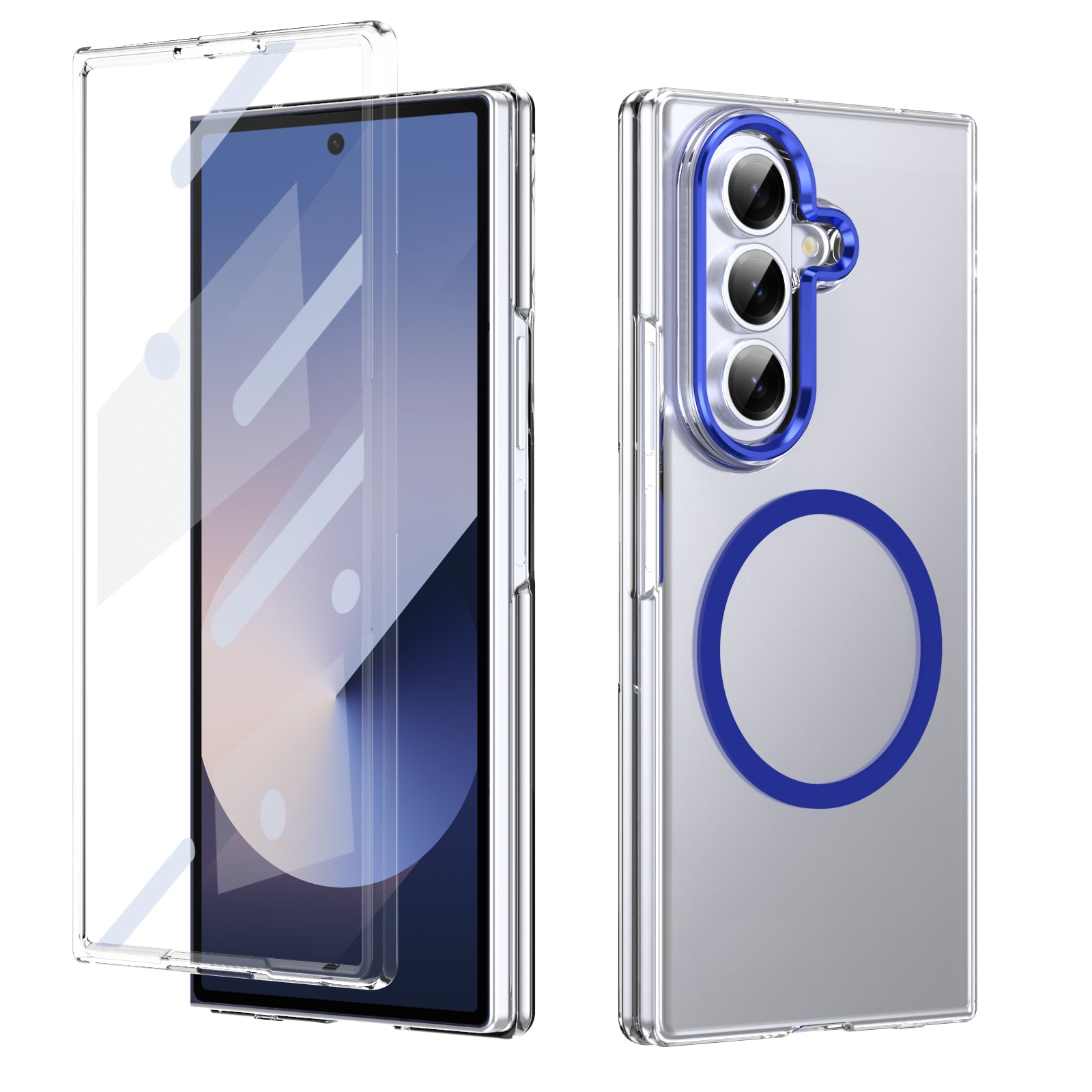 Crystal-clear Magnetic Ring Case for Samsung Galaxy Z Fold 7 with Tempered Glass [Blue]