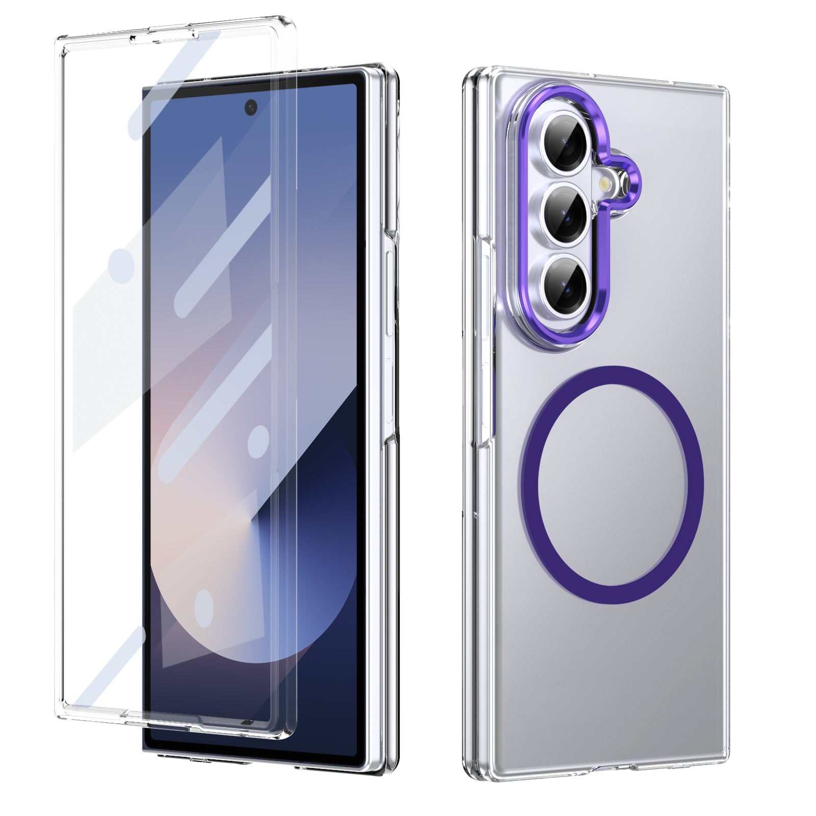 Crystal-clear Magnetic Ring Case for Samsung Galaxy Z Fold 7 with Tempered Glass [Purple]
