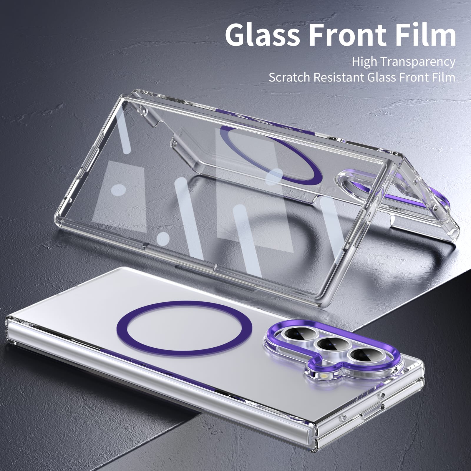 Crystal-clear Magnetic Ring Case for Samsung Galaxy Z Fold 7 with Tempered Glass [Purple]