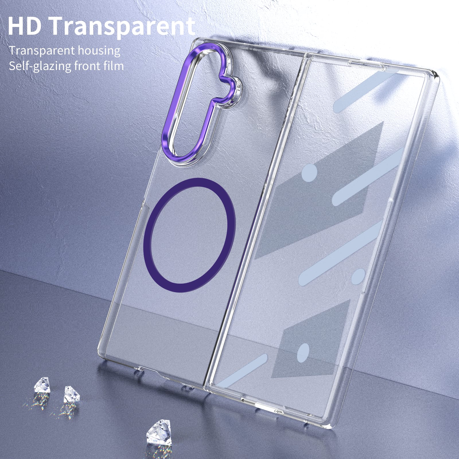 Crystal-clear Magnetic Ring Case for Samsung Galaxy Z Fold 7 with Tempered Glass [Purple]