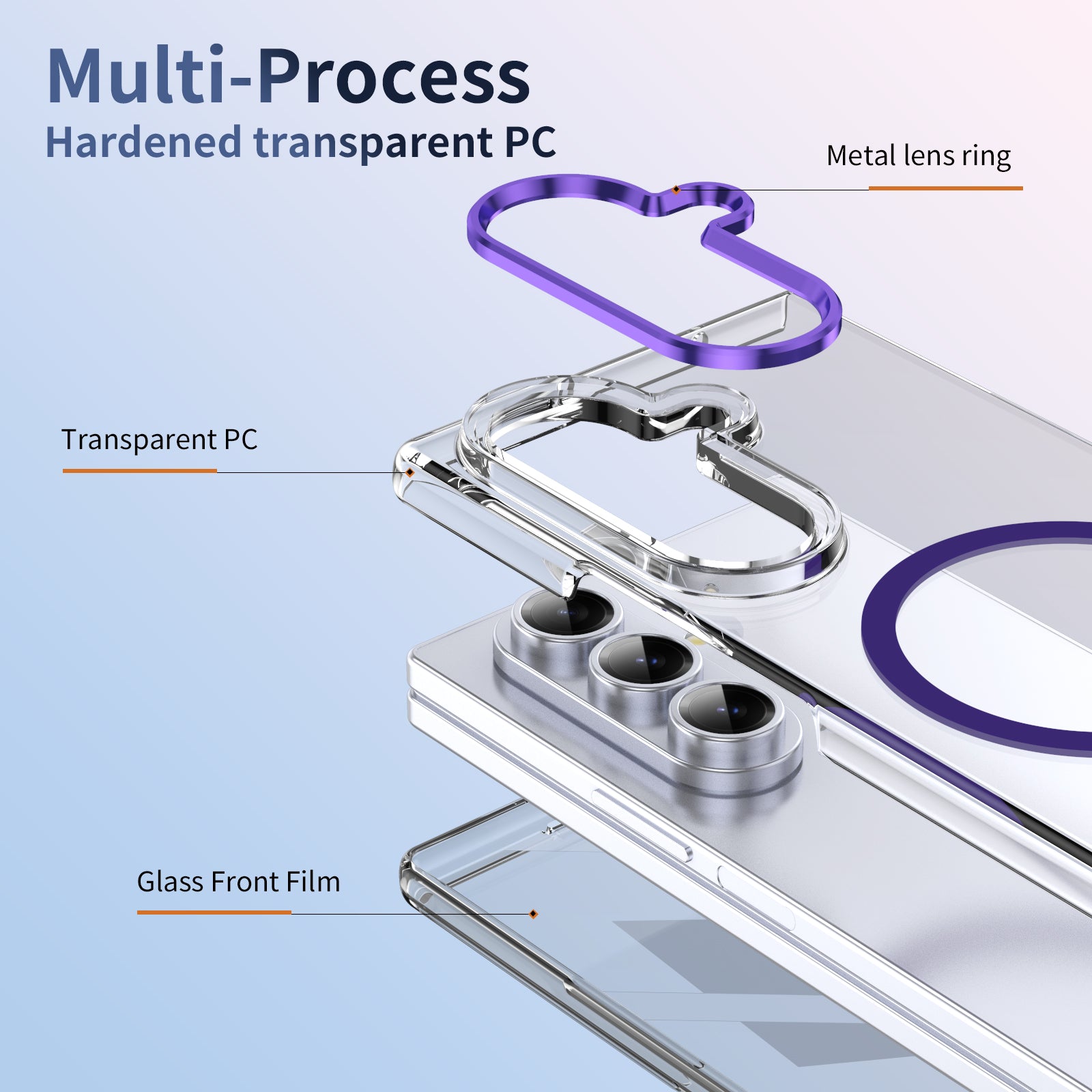 Crystal-clear Magnetic Ring Case for Samsung Galaxy Z Fold 7 with Tempered Glass [Purple]