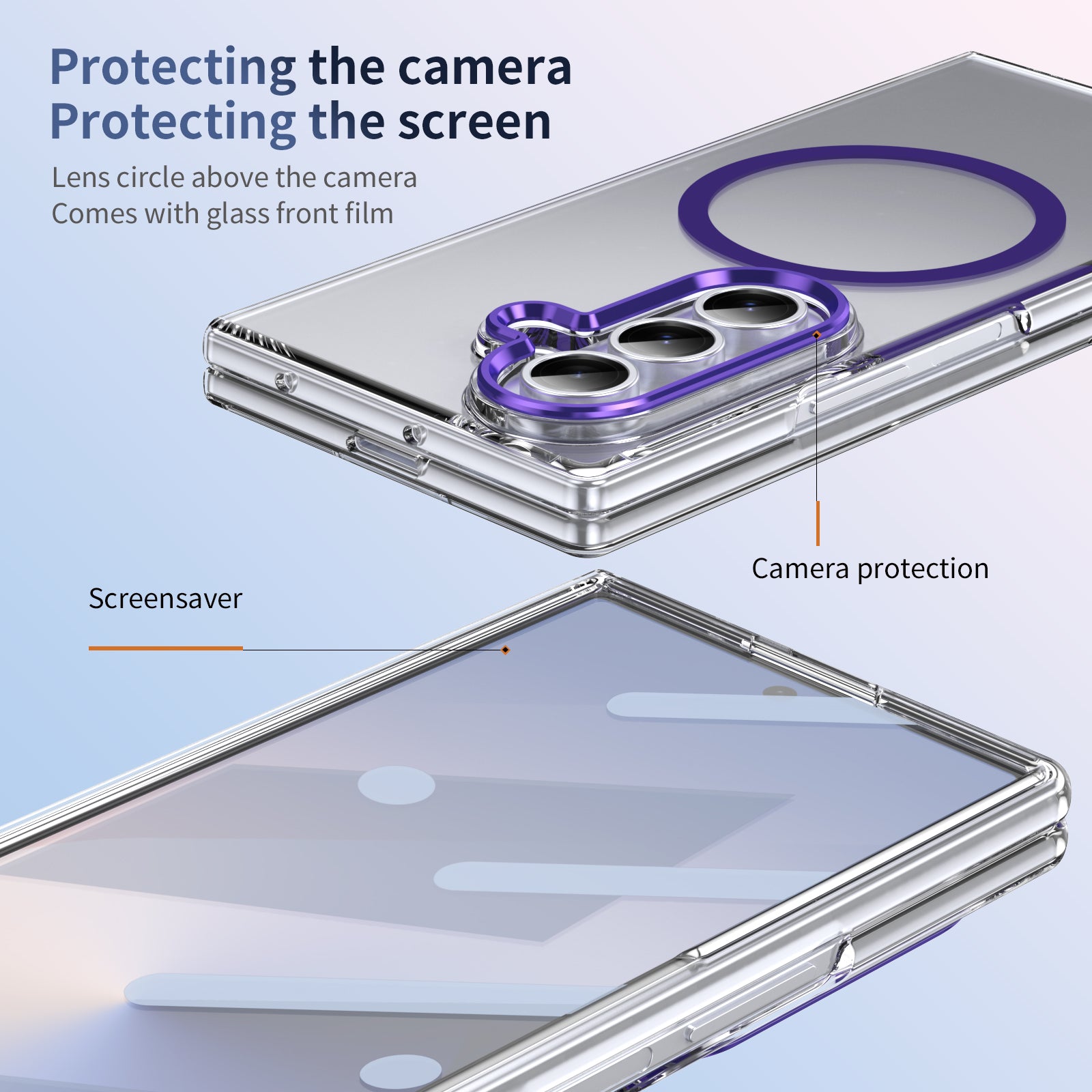 Crystal-clear Magnetic Ring Case for Samsung Galaxy Z Fold 7 with Tempered Glass [Purple]
