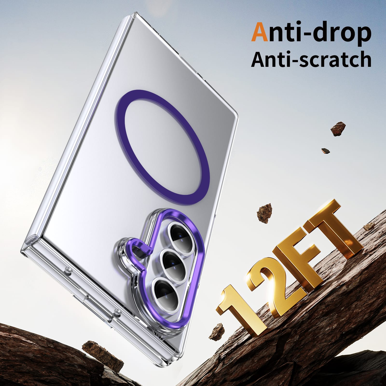 Crystal-clear Magnetic Ring Case for Samsung Galaxy Z Fold 7 with Tempered Glass [Purple]