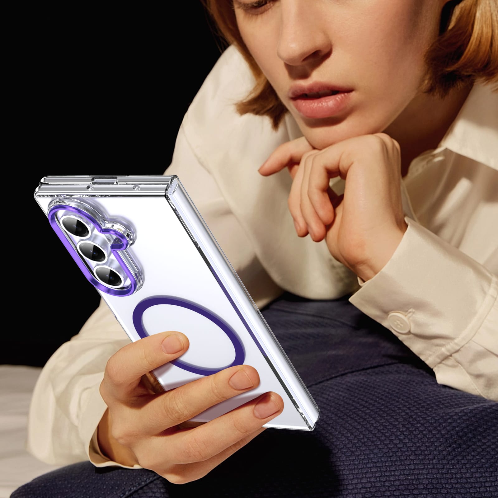 Crystal-clear Magnetic Ring Case for Samsung Galaxy Z Fold 7 with Tempered Glass [Purple]