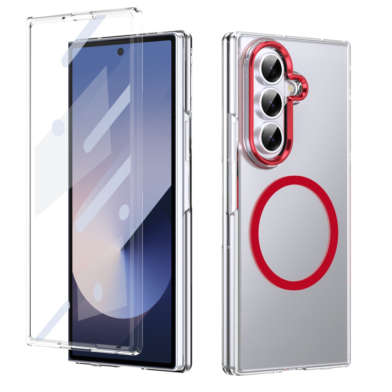 Crystal-clear Magnetic Ring Case for Samsung Galaxy Z Fold 7 with Tempered Glass[Red]