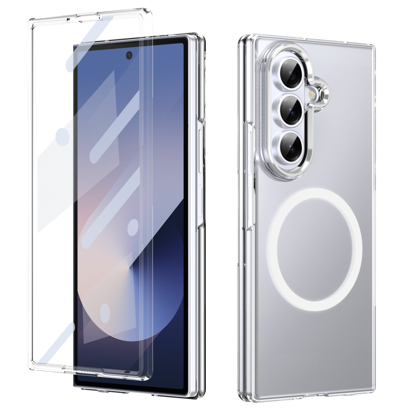 Crystal-clear Magnetic Ring Case for Samsung Galaxy Z Fold 7 with Tempered Glass [Silver]