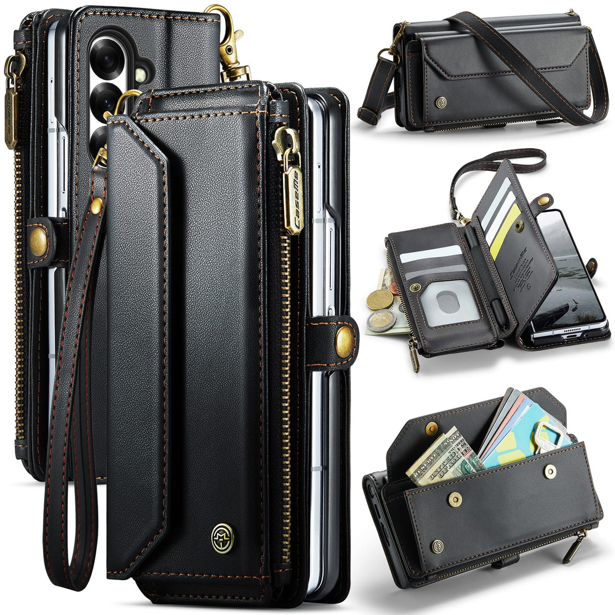 Galaxy Z Fold 7 CaseMe Crossbody Wallet Case with Strap, Card Slots & Zipper Pocket [Black]