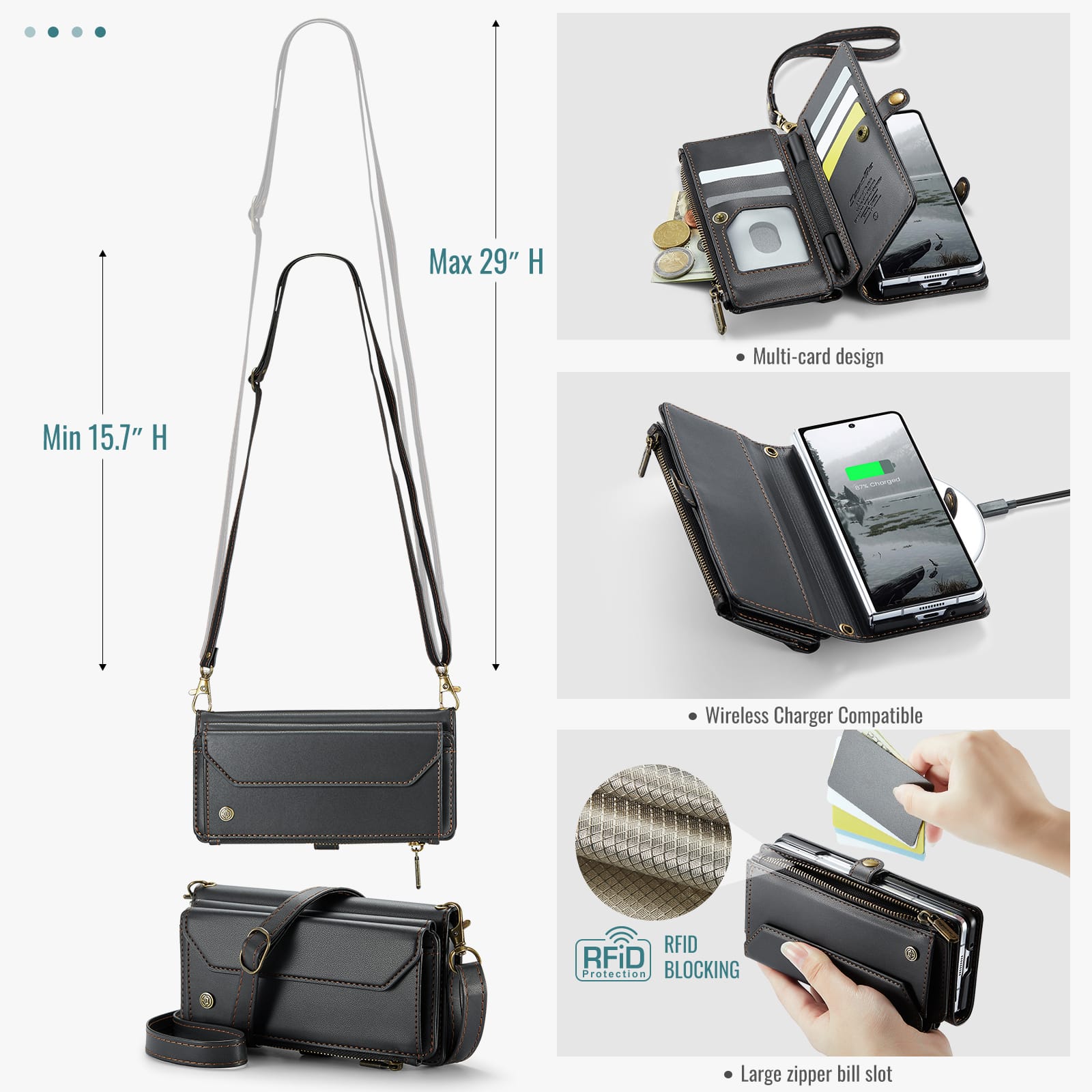 Galaxy Z Fold 7 CaseMe Crossbody Wallet Case with Strap, Card Slots & Zipper Pocket [Black]