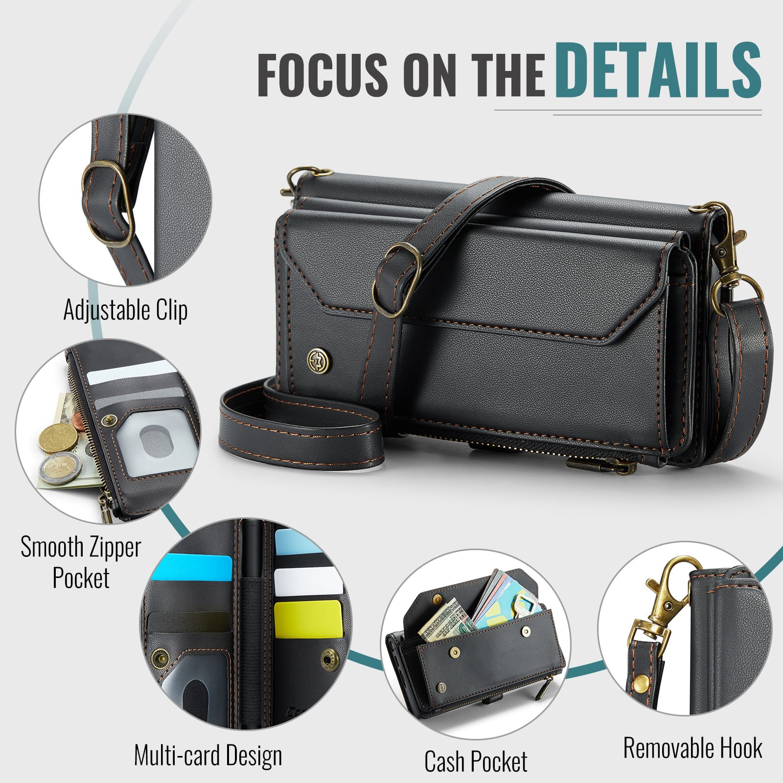 Galaxy Z Fold 7 CaseMe Crossbody Wallet Case with Strap, Card Slots & Zipper Pocket [Black]