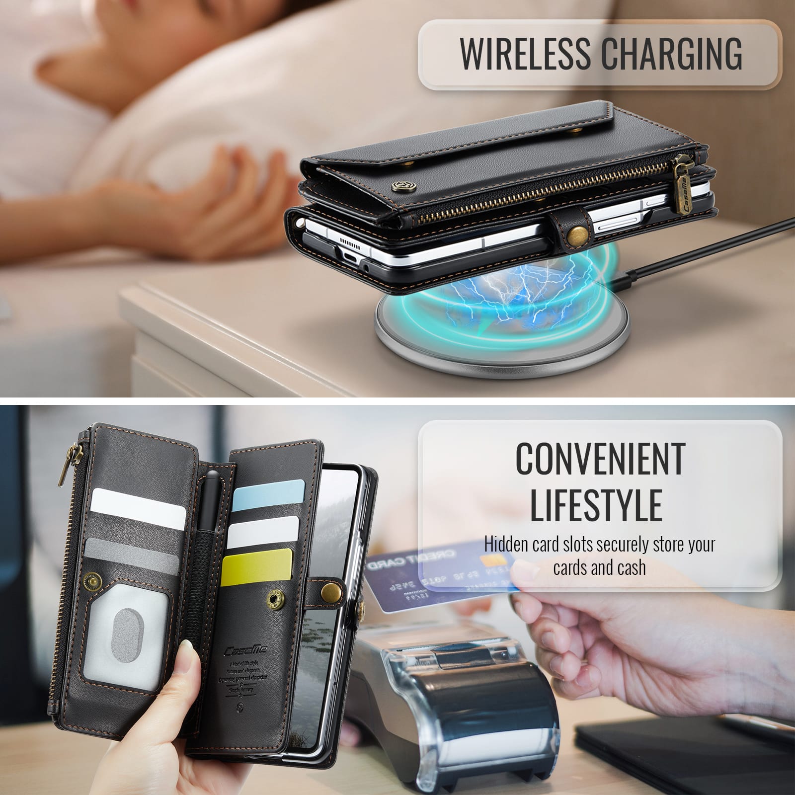 Galaxy Z Fold 7 CaseMe Crossbody Wallet Case with Strap, Card Slots & Zipper Pocket [Black]