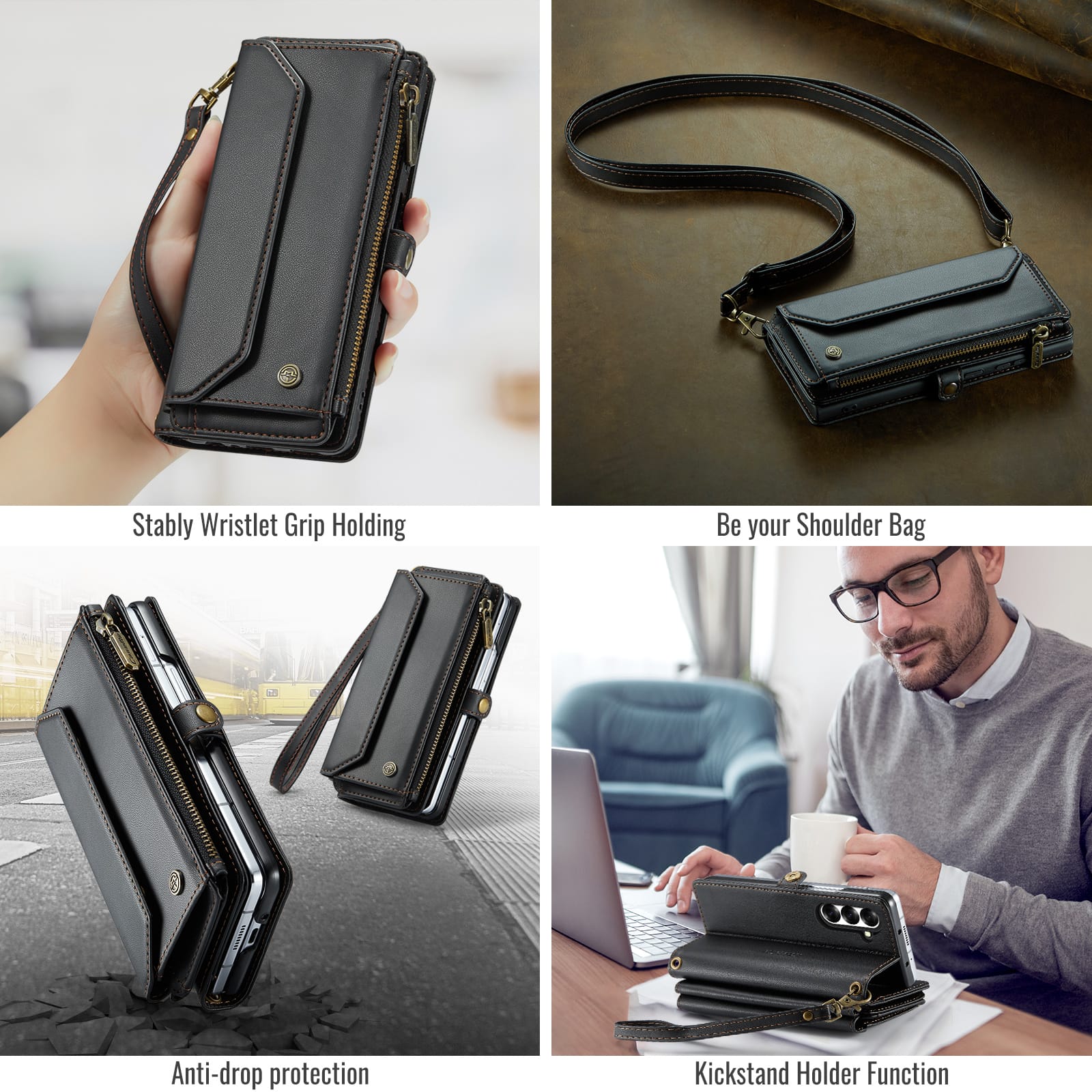Galaxy Z Fold 7 CaseMe Crossbody Wallet Case with Strap, Card Slots & Zipper Pocket [Black]
