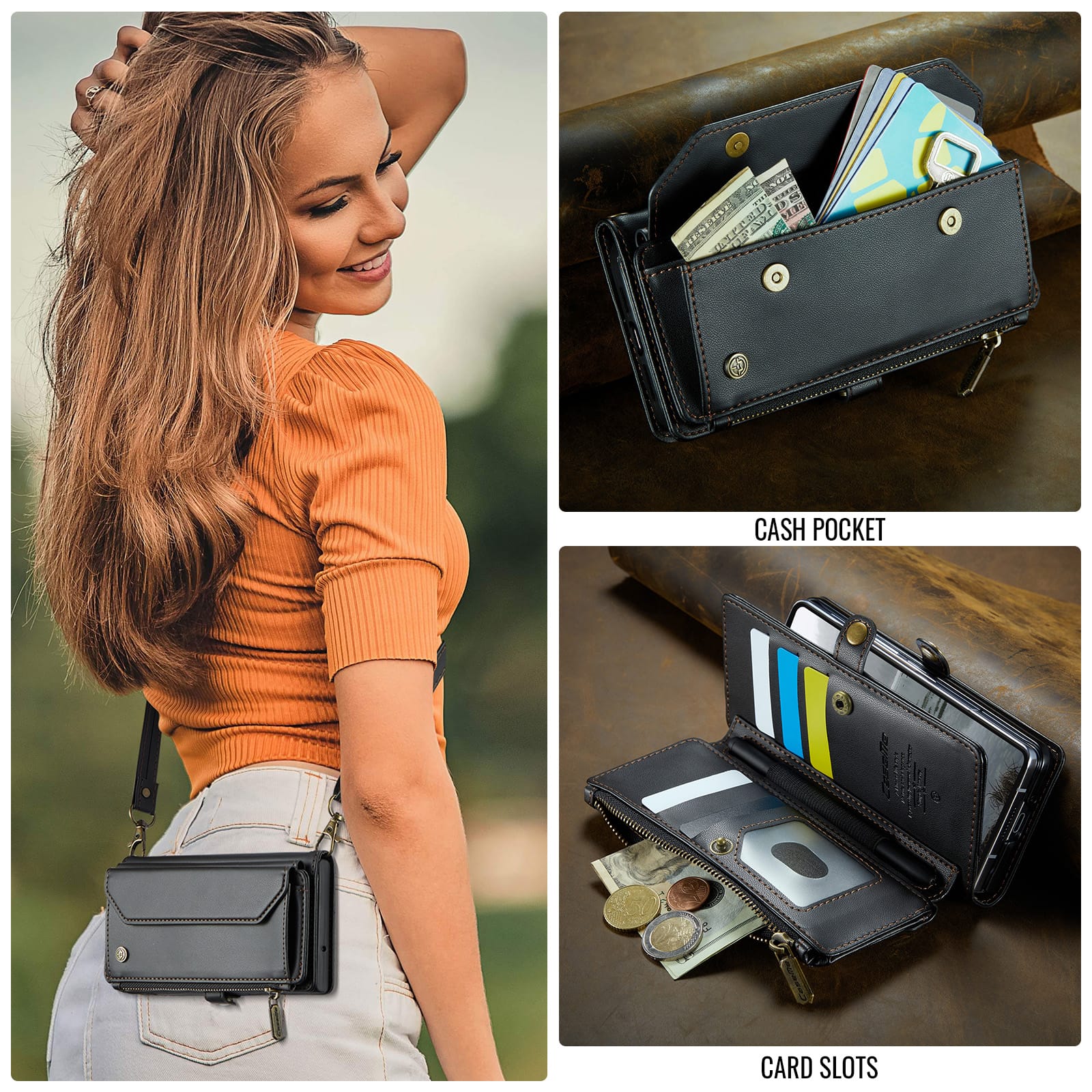 Galaxy Z Fold 7 CaseMe Crossbody Wallet Case with Strap, Card Slots & Zipper Pocket [Black]