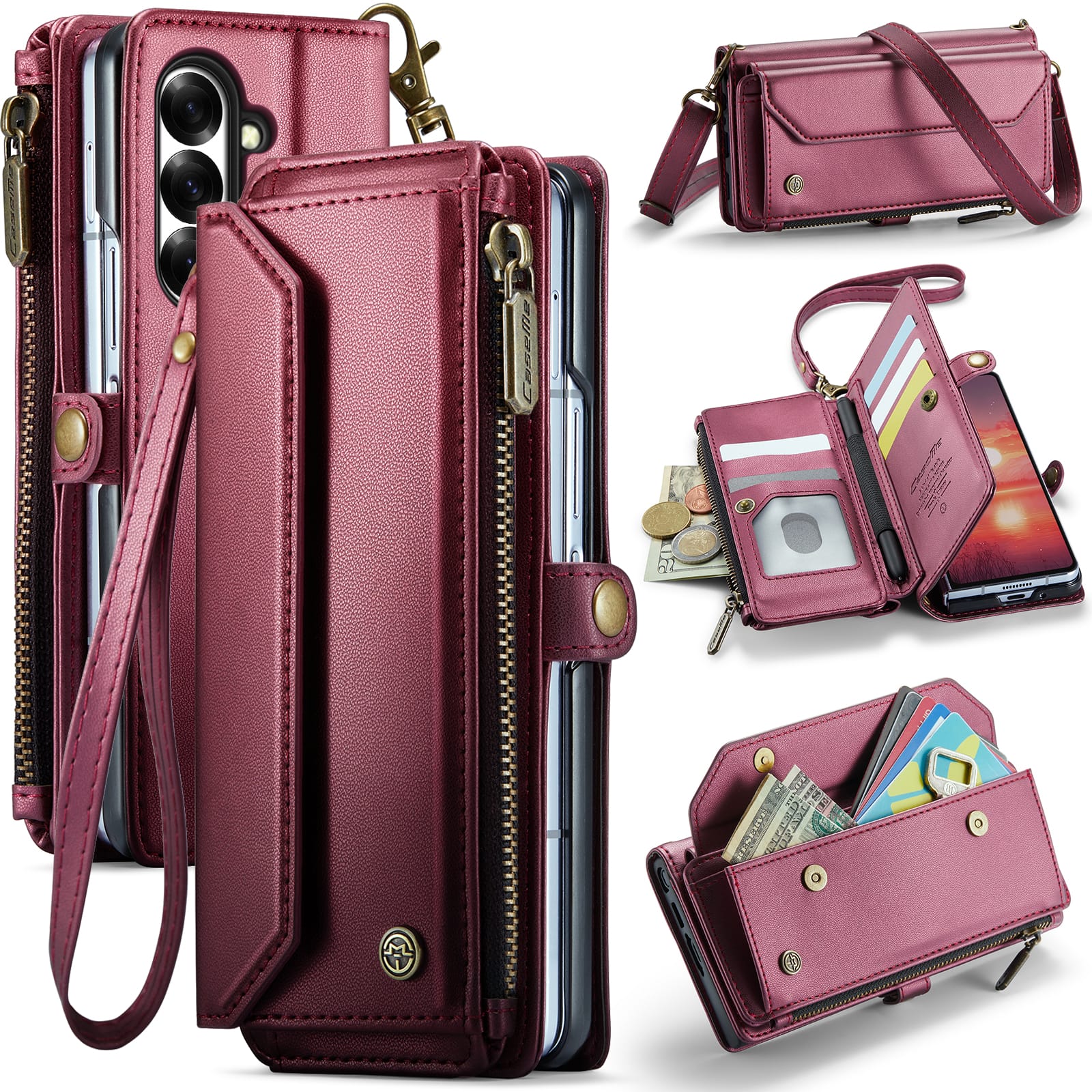 Galaxy Z Fold 7 CaseMe Crossbody Wallet Case with Strap, Card Slots & Zipper Pocket [Maroon]