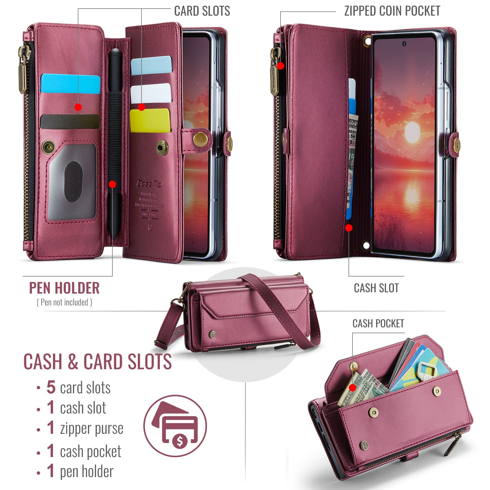 Galaxy Z Fold 7 CaseMe Crossbody Wallet Case with Strap, Card Slots & Zipper Pocket [Maroon]