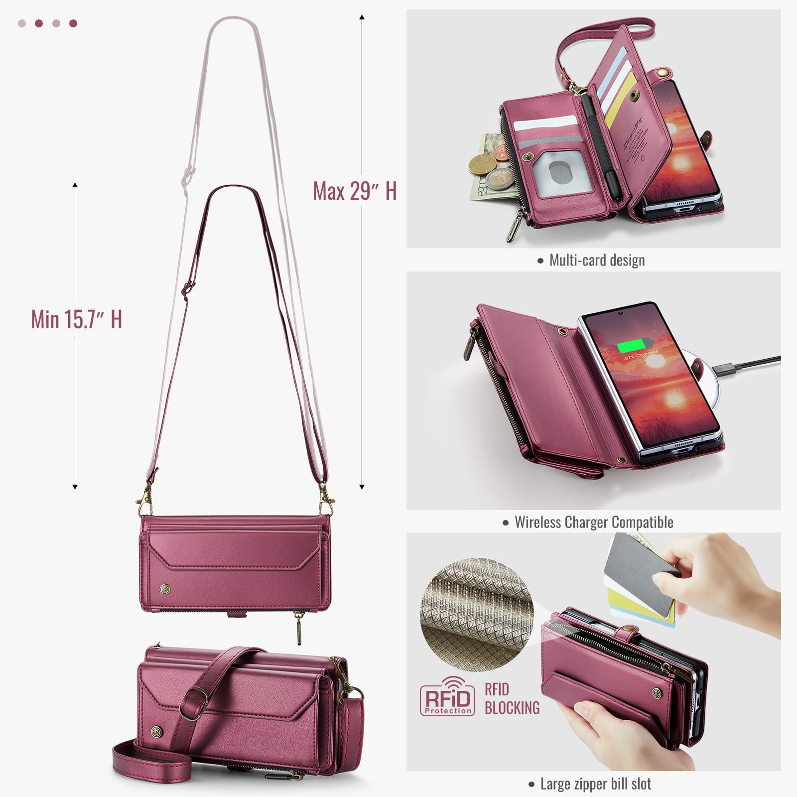 Galaxy Z Fold 7 CaseMe Crossbody Wallet Case with Strap, Card Slots & Zipper Pocket [Maroon]