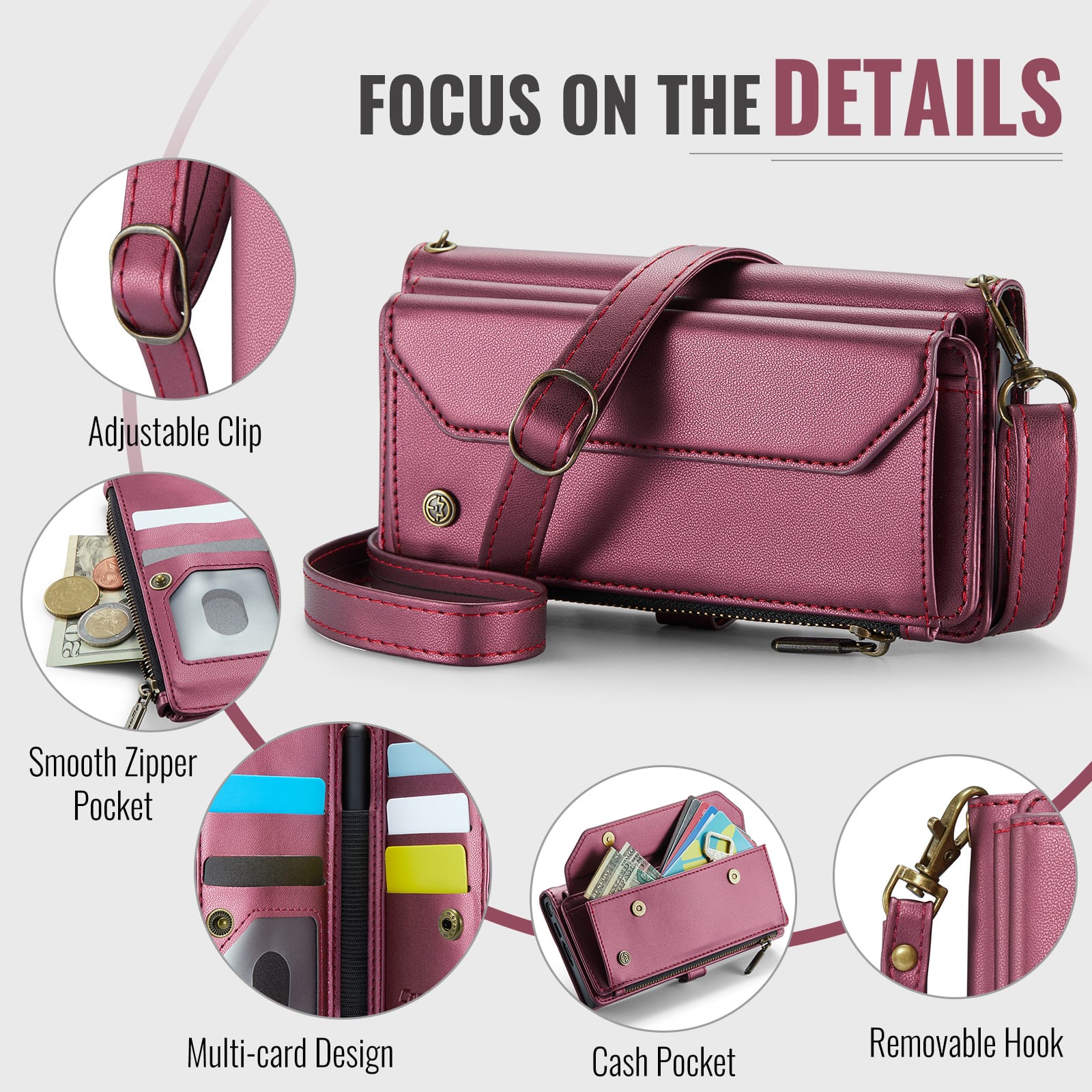 Galaxy Z Fold 7 CaseMe Crossbody Wallet Case with Strap, Card Slots & Zipper Pocket [Maroon]
