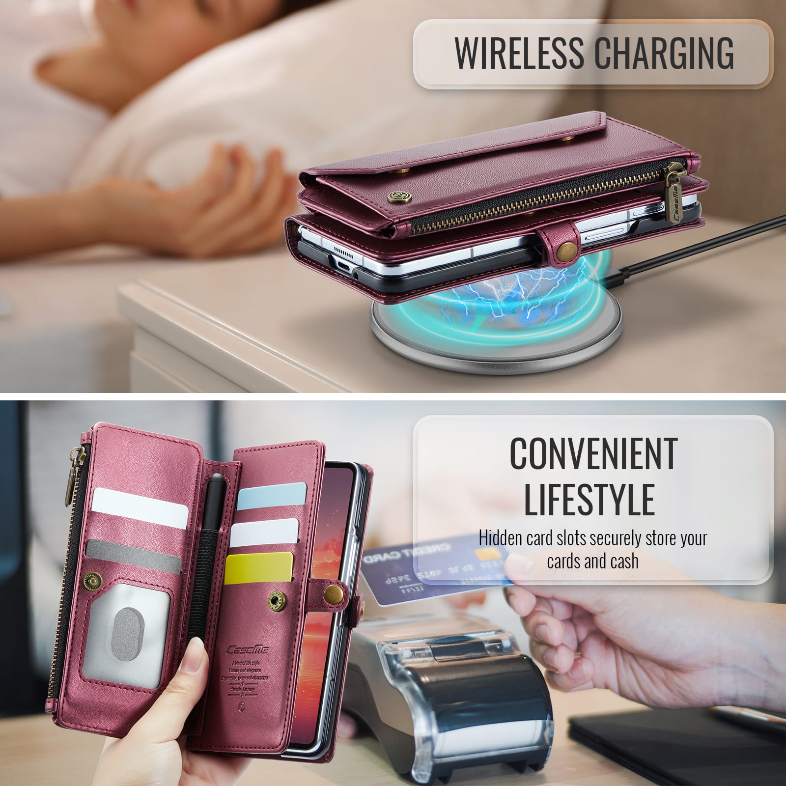 Galaxy Z Fold 7 CaseMe Crossbody Wallet Case with Strap, Card Slots & Zipper Pocket [Maroon]