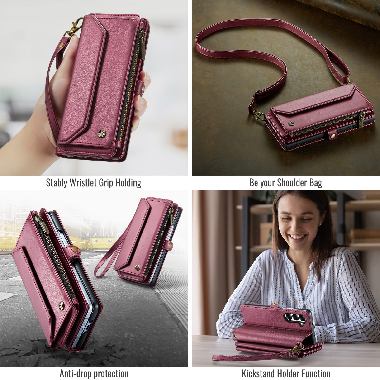 Galaxy Z Fold 7 CaseMe Crossbody Wallet Case with Strap, Card Slots & Zipper Pocket [Maroon]