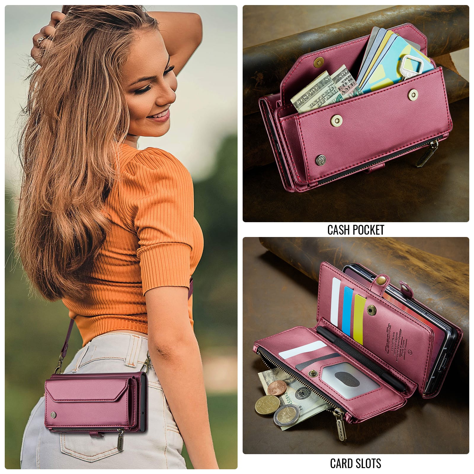 Galaxy Z Fold 7 CaseMe Crossbody Wallet Case with Strap, Card Slots & Zipper Pocket [Maroon]