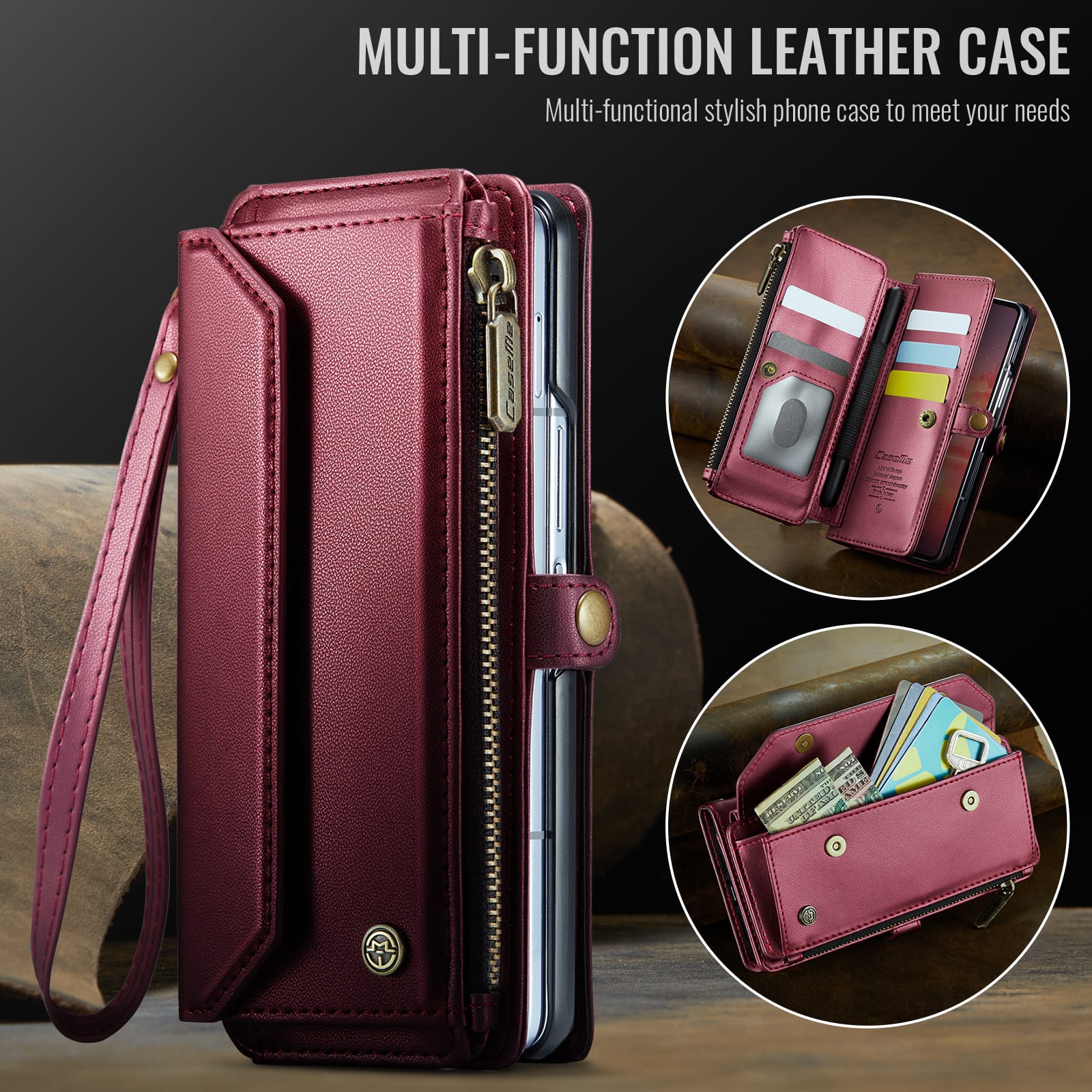 Galaxy Z Fold 7 CaseMe Crossbody Wallet Case with Strap, Card Slots & Zipper Pocket [Maroon]